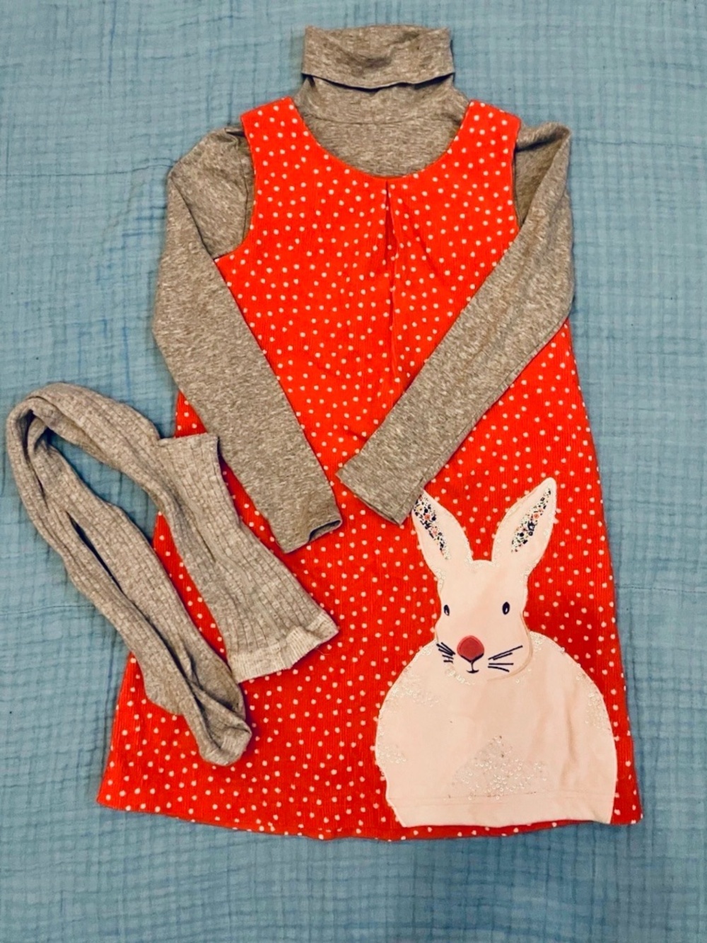 Mini Boden Red Rabbit Appliqué Corduroy Pinafore Dress Grey Turtleneck Tights